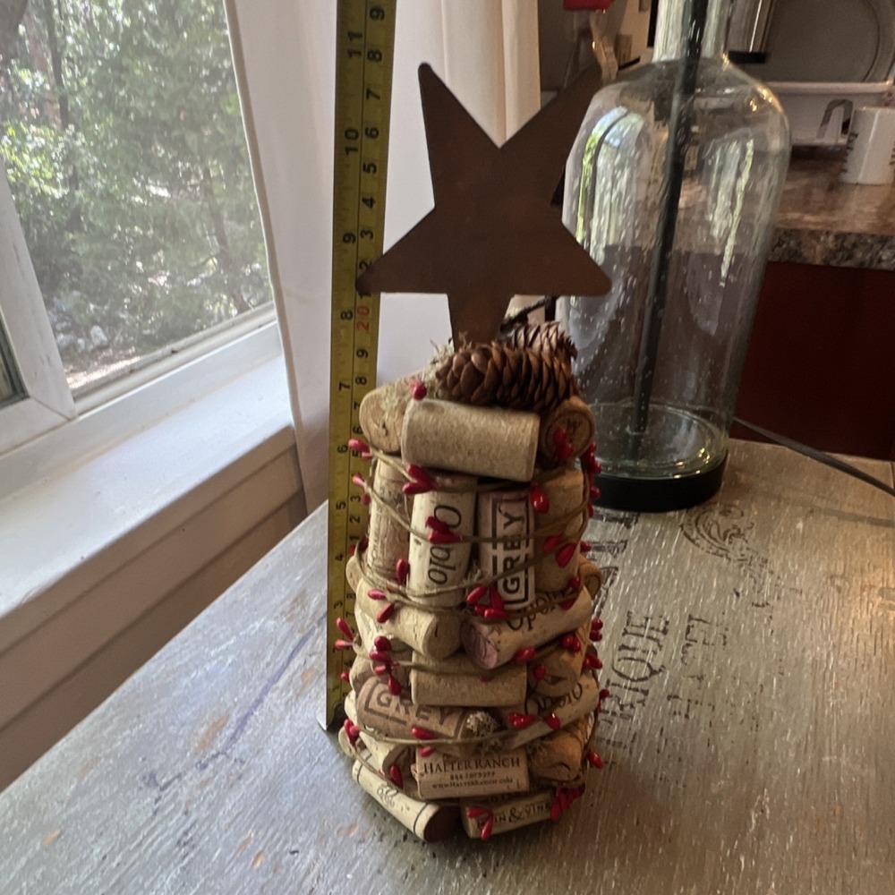 Handmade Wine Cork Christmas Topiary Decorated Tree w/ Metal Star Topper